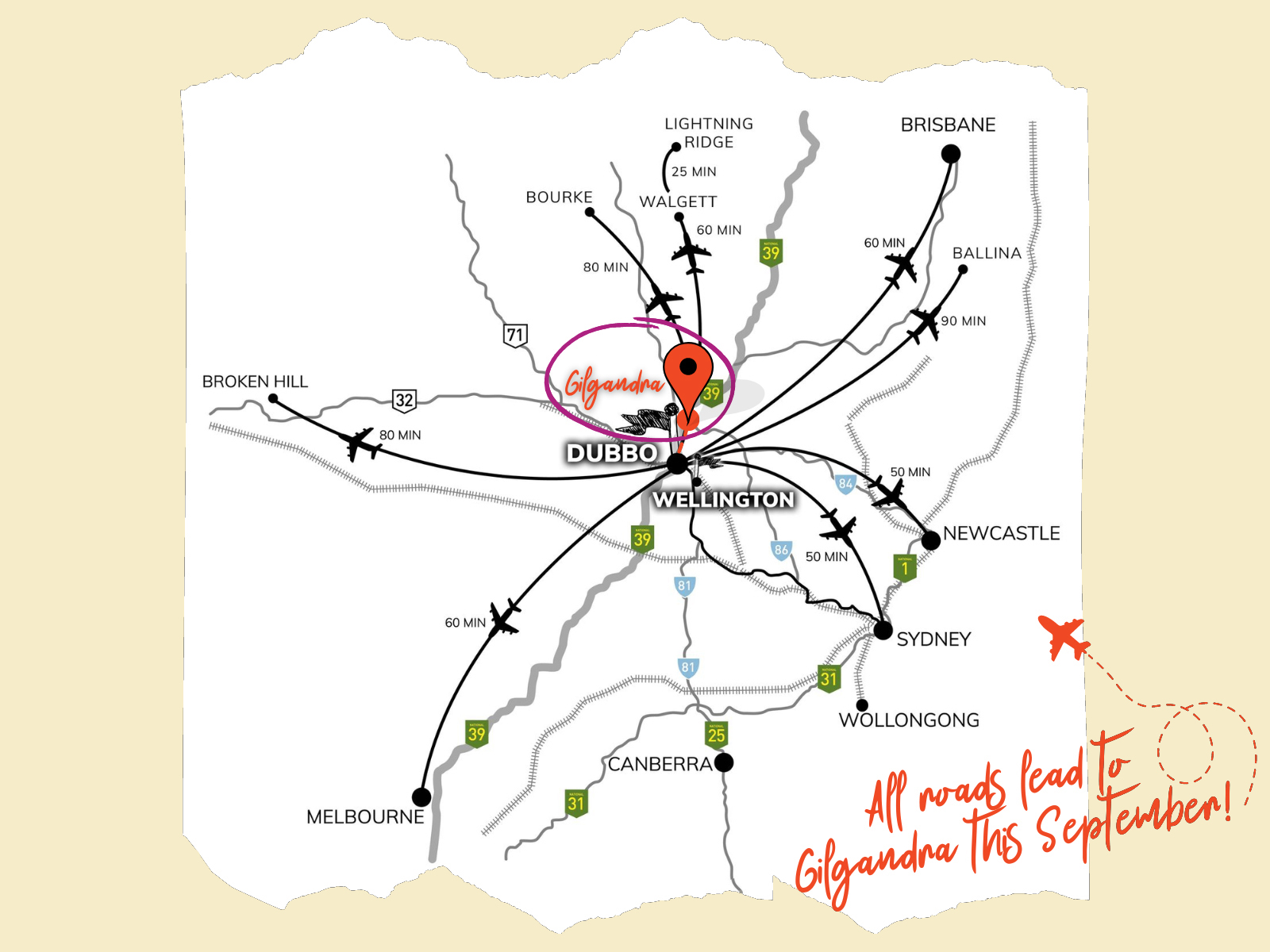 Map showing Gilgandra and the ways to get there. Text reads: All roads lead to Gilgandra this September!